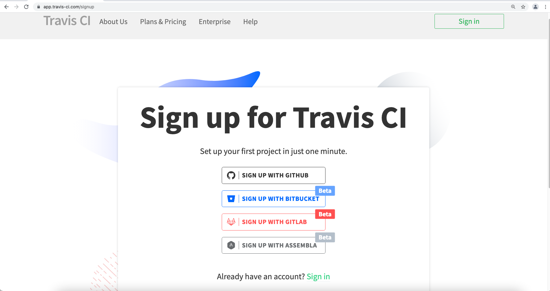 Travis-CI sign-up page