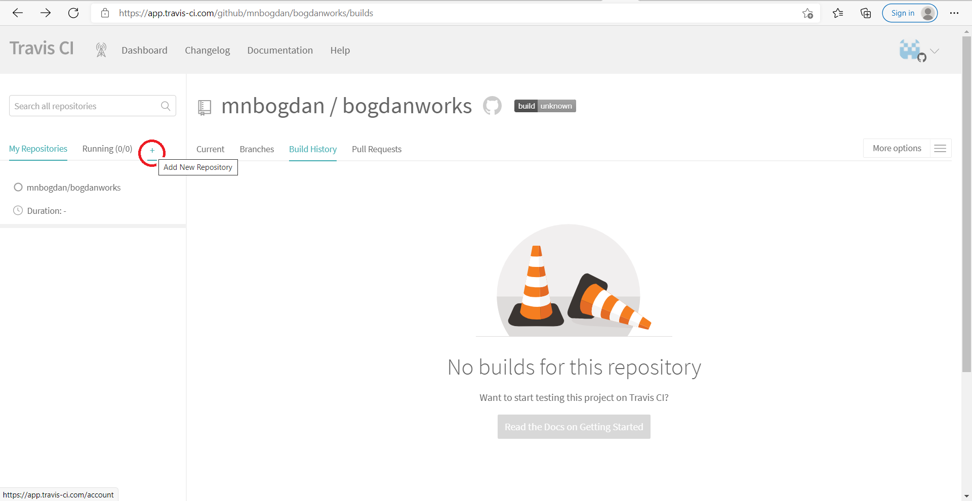 Travis-CI dashboard webpage clicking plus icon