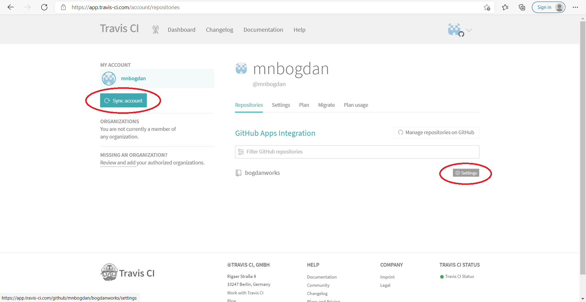 Travis-CI My account page, open setting of GitHub repository