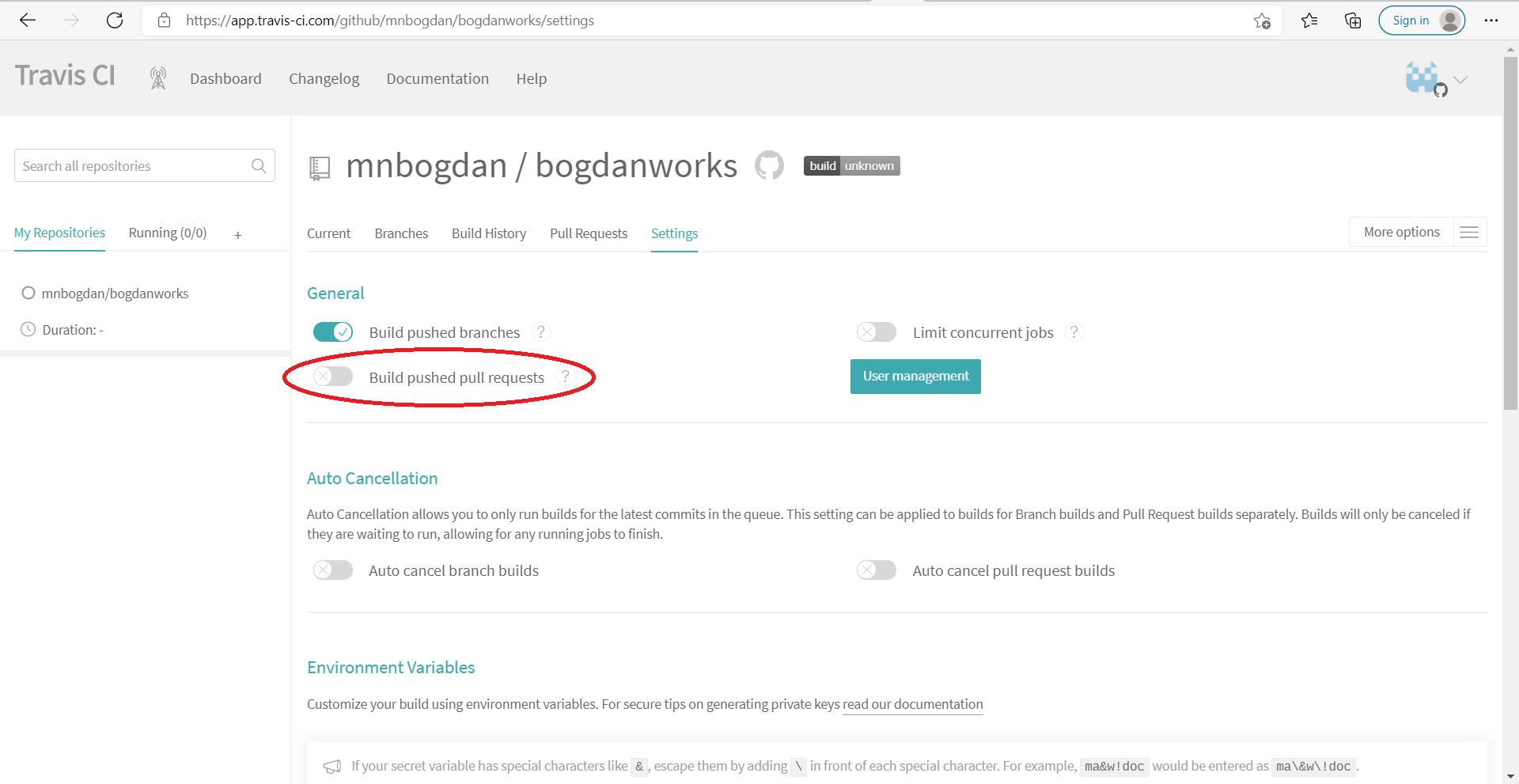 Travis-CI repository build settings