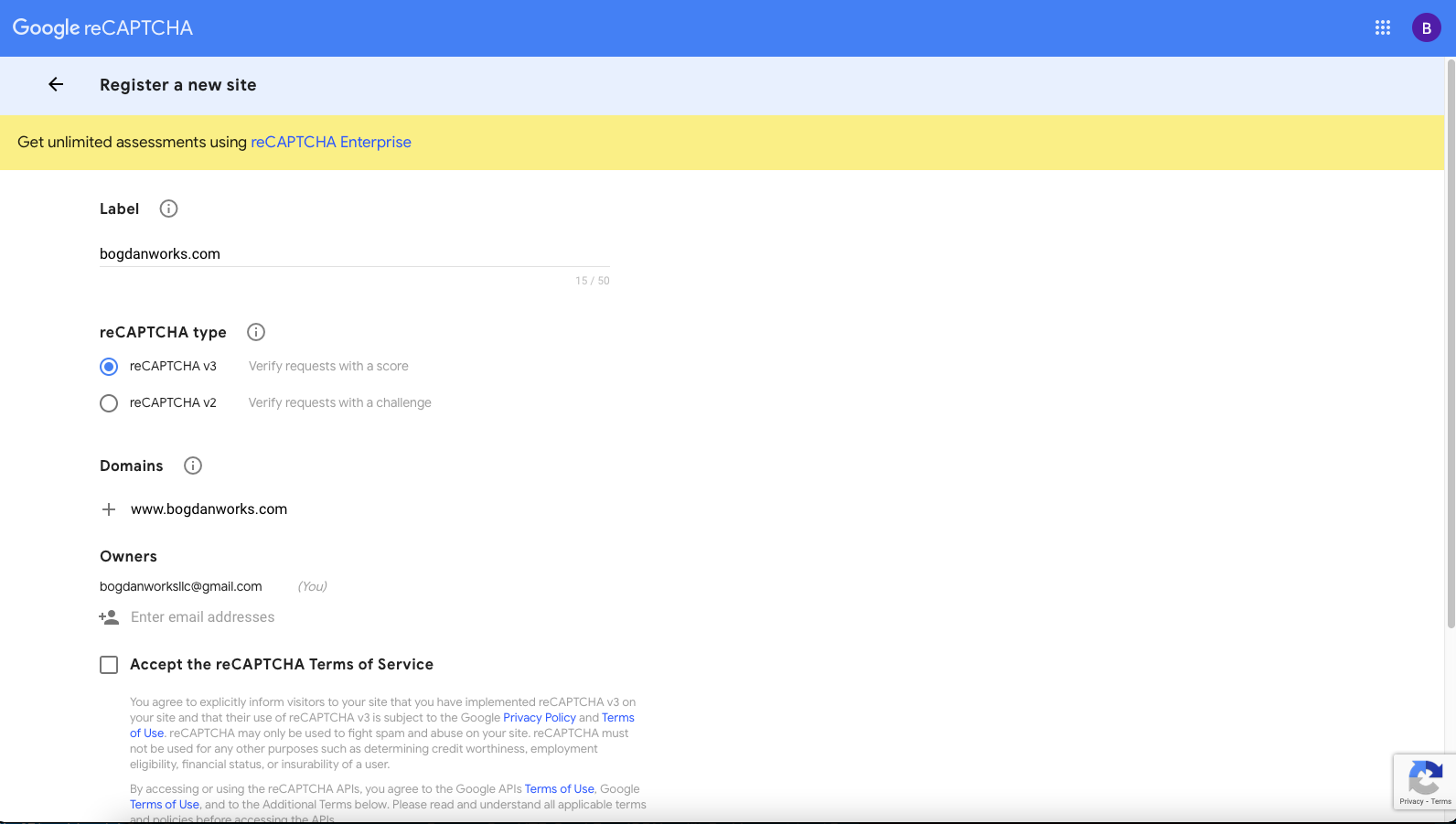 Screenshot of Google Registering a new reCAPTCHA