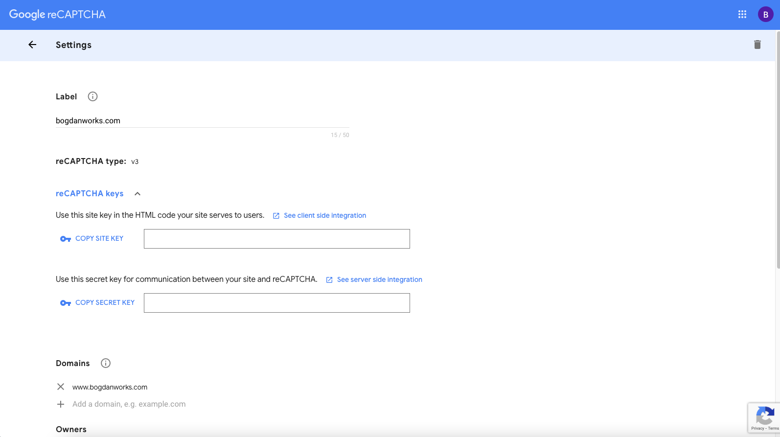 Screenshot of Google reCAPTCHA site and secret keys screen