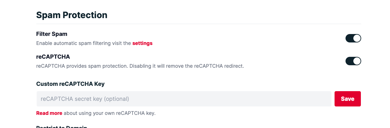 Screenshot of Adding reCAPTCHA secret key to Formspree form