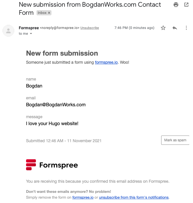 Screenshot of email sent to me from contact form