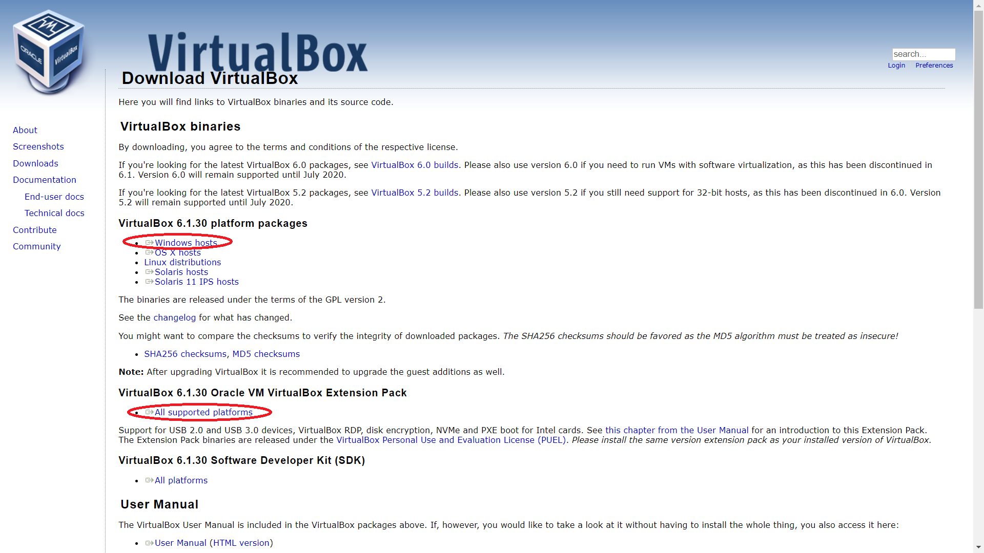 Screenshot of VirtualBox Download Screen