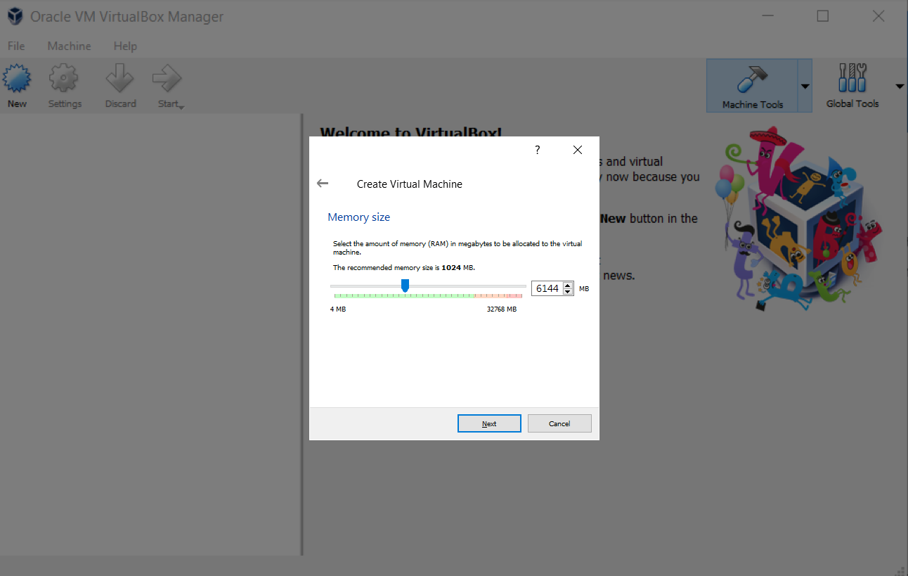 Screenshot of VM memory size screen