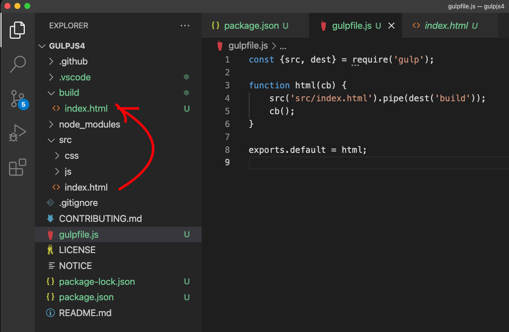 Screenshot of Visual Studio Code showing file has been copied from src folder to dest folder