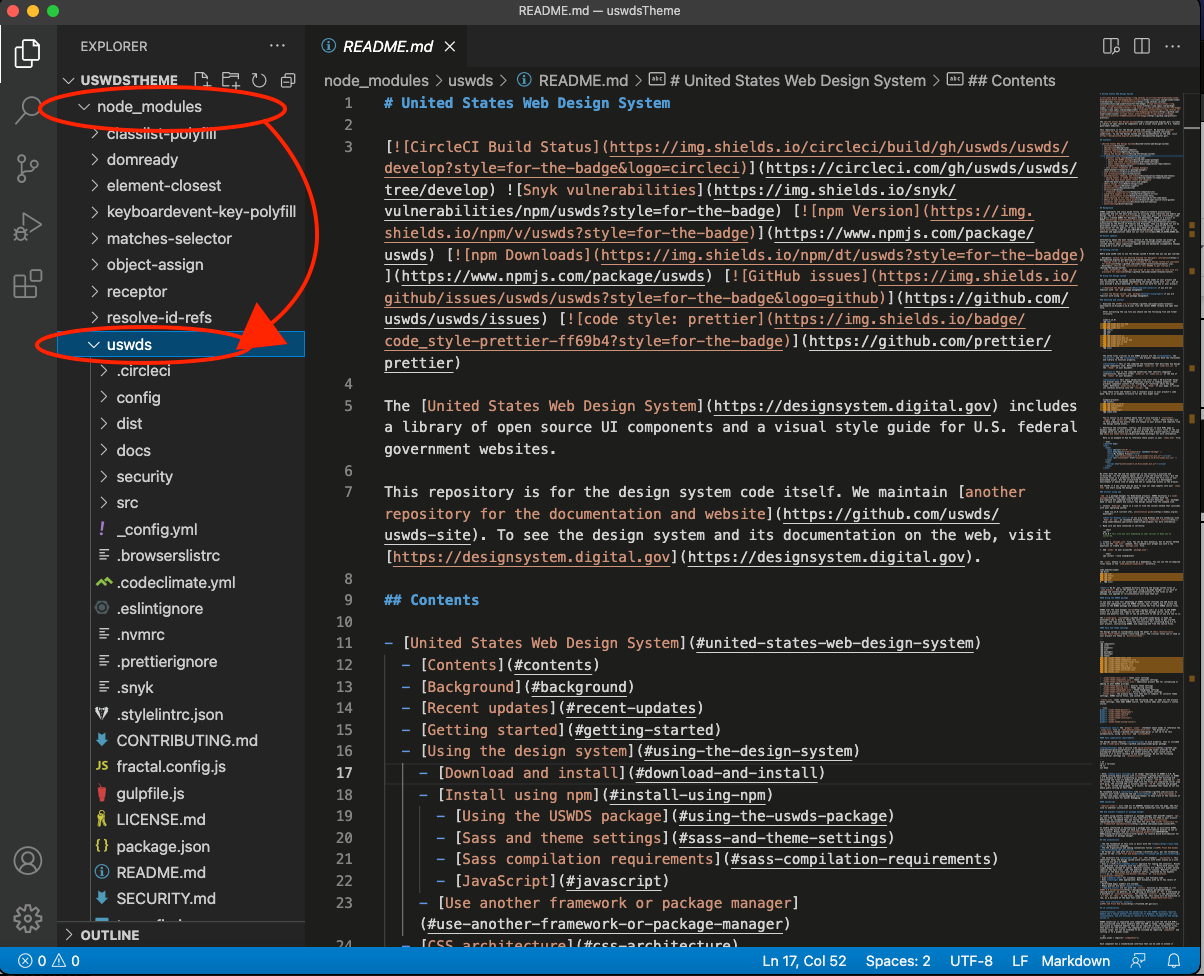 Screenshot of Visual Studio code editor showing uswds folder inside of node_modules folder